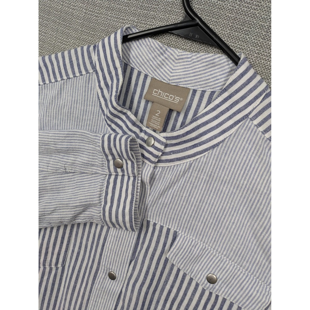 Chicos Jacket Womens 2 Blue White Stripe Cotton Snap Front Lightweight Casual